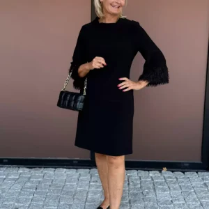 Mini Shift Dress With Fringe – Black