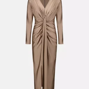 Satin Draped V-Neck Dress – Platinum Grey