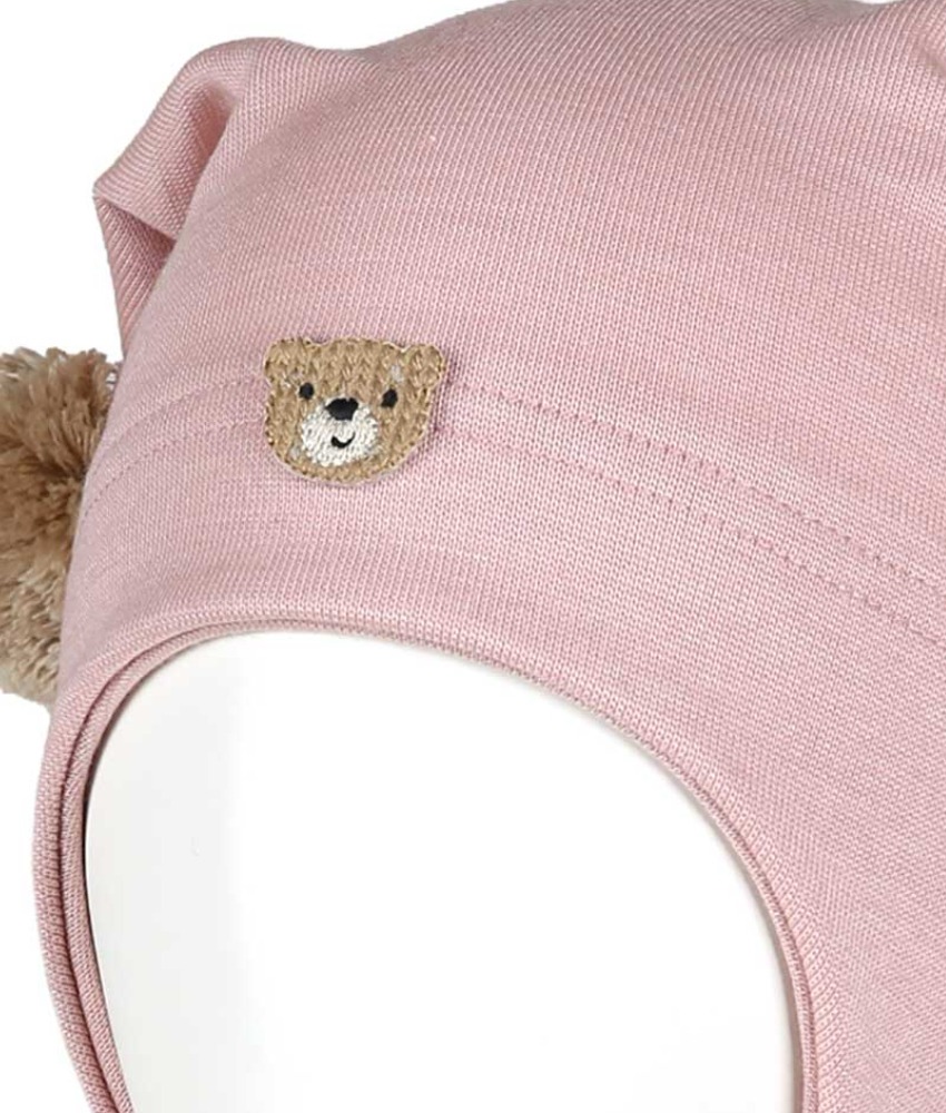 KIVAT knytelue i ull/silke med vindstopper bamse og to store dusker pudderrosa - Image 3