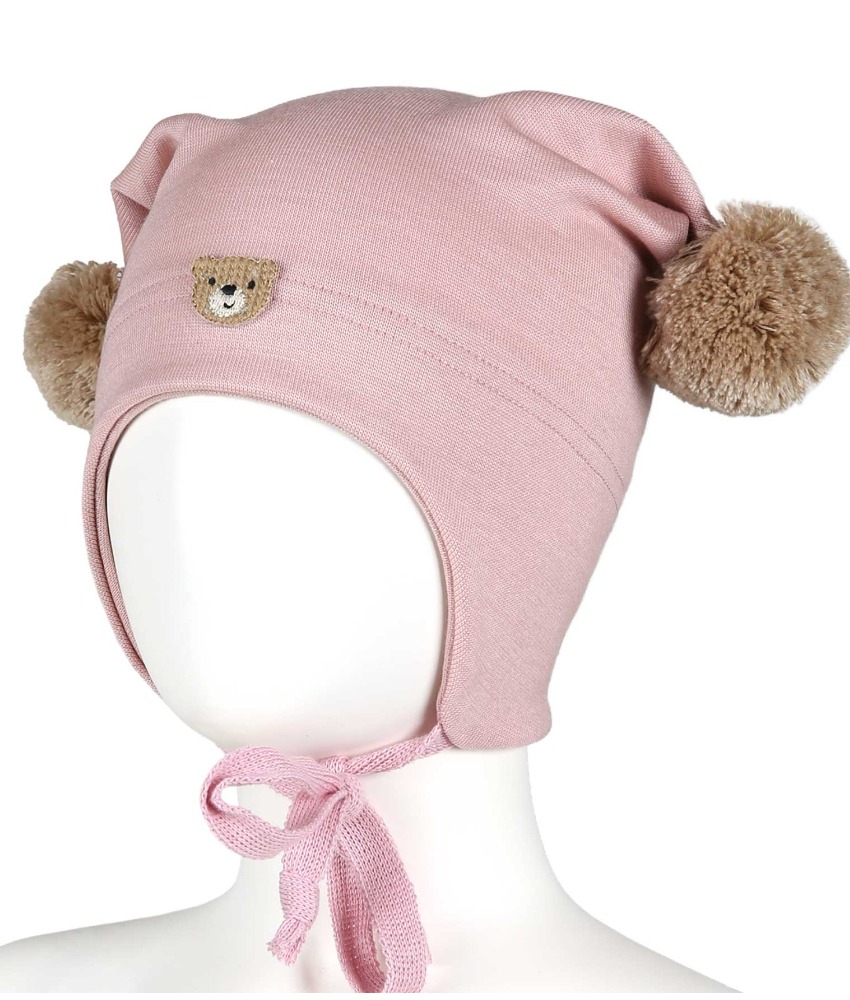 KIVAT knytelue i ull/silke med vindstopper bamse og to store dusker pudderrosa