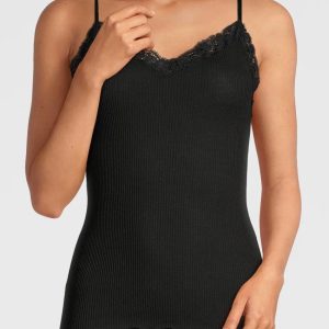 Oscalito dame ribb spaghetti topp med blondekant ull/silke black