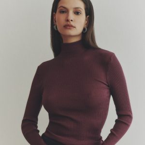 Oscalito dame ribb genser med høy hals ull/silke cherry