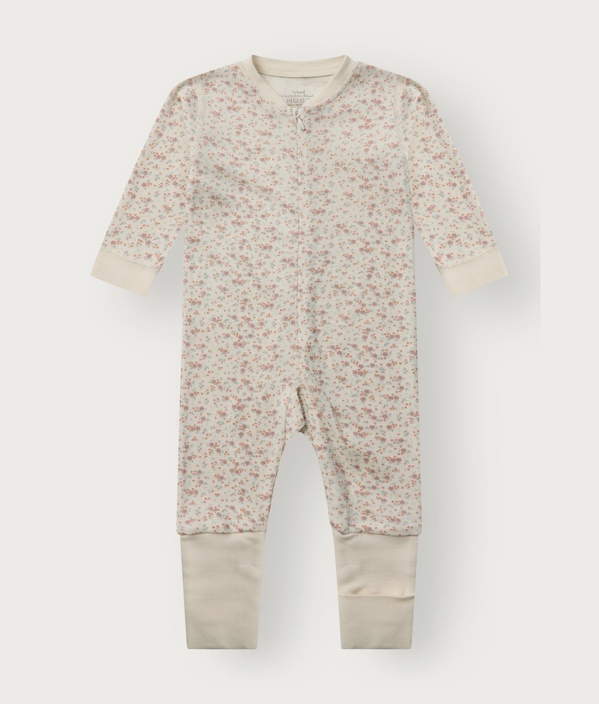 Hust&Claire heldrakt Zip Tiny ull/bambusviskose små blomster Off White