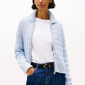 Cable Knit Zip-Thru Boxy Cardigan – Blue